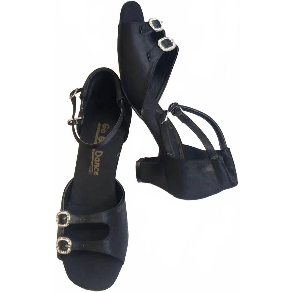 NEW GO GO DANCE women's mary 1.3" thick heel latin sandal in black satin